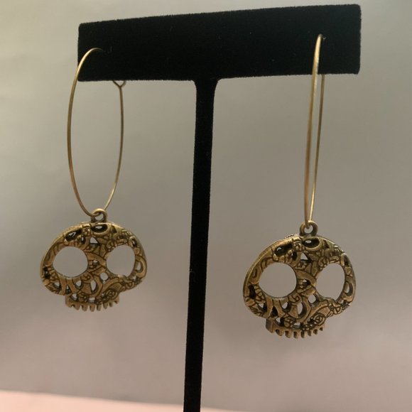 SpookySkull Halloween Antique Bronze Hoop Earrings - Picture 4 of 8